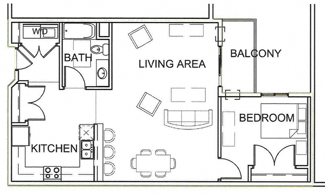 Floor plan for 1 bed, 1 bath, 837 sqft